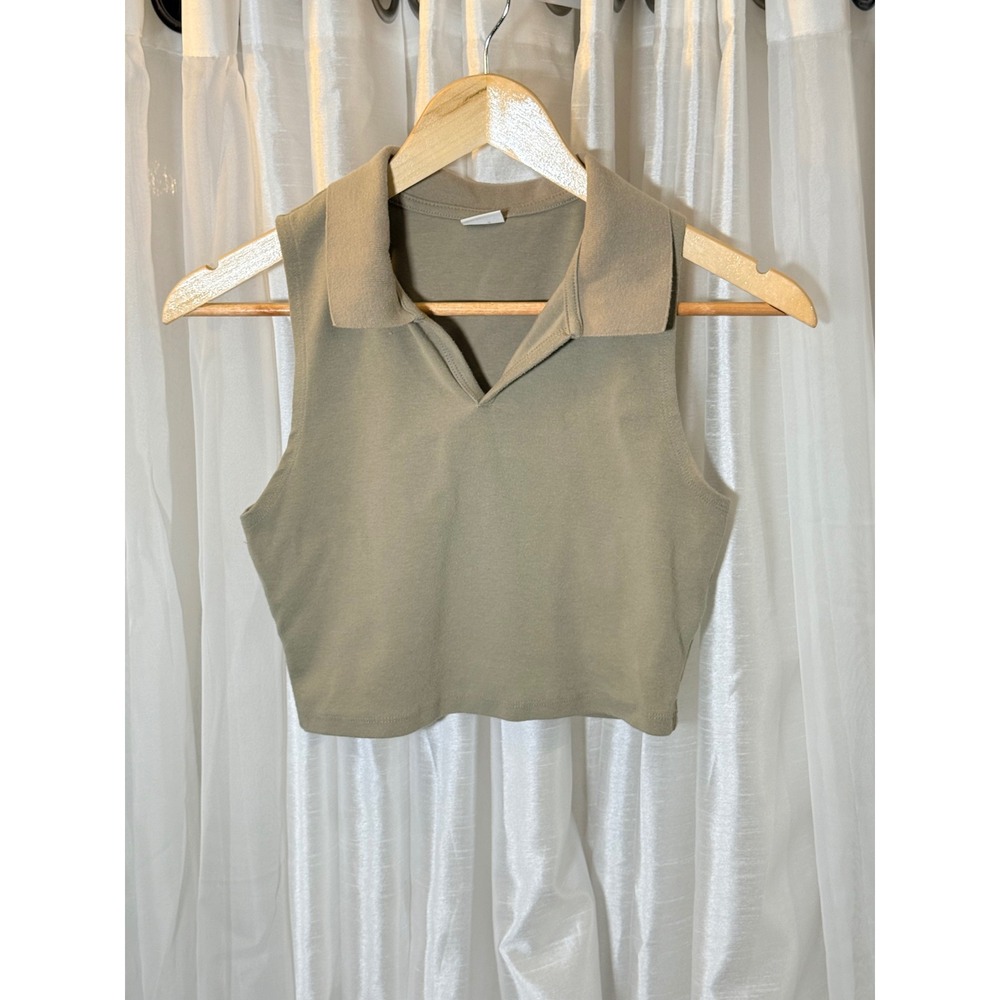 Sunday Best Polo Top Womens Small Green Cropped Sleeveless Ribbed V-Neck